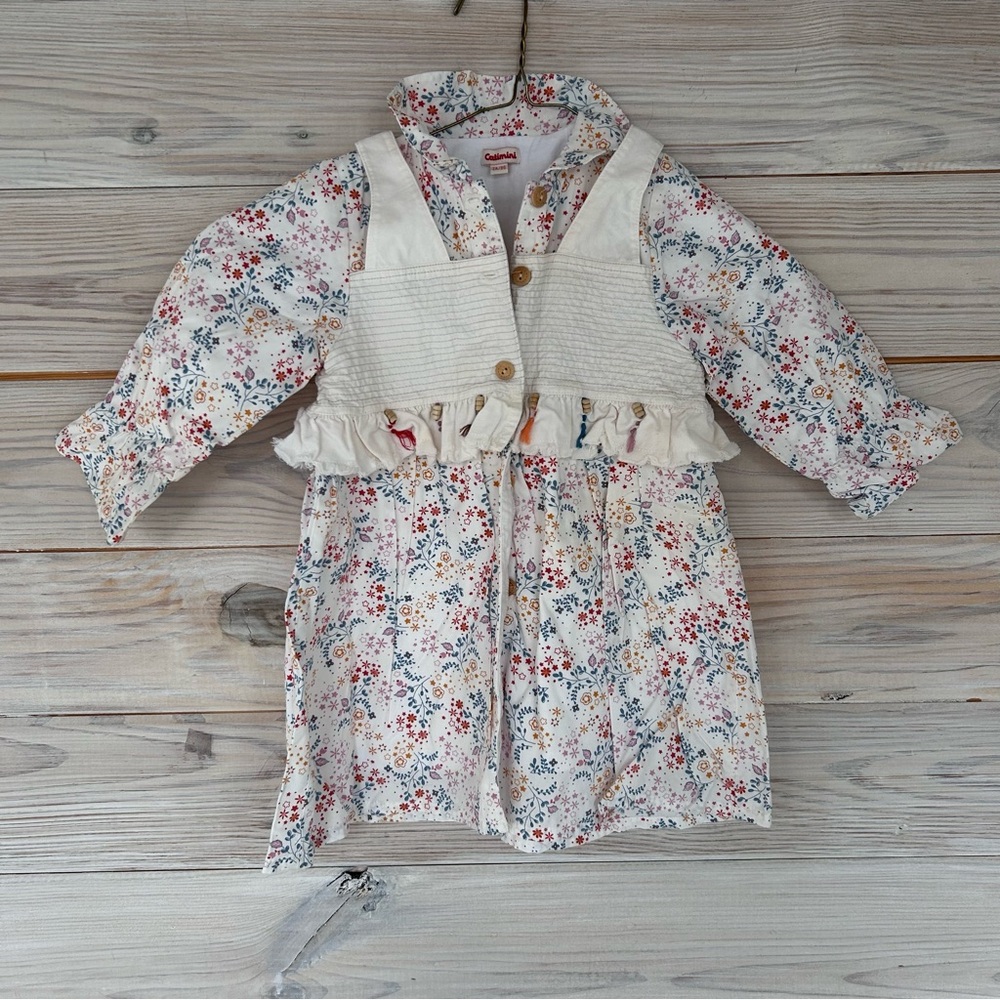 Catimini Floral Long-Sleeve Dress with Ruffled Vest Detail